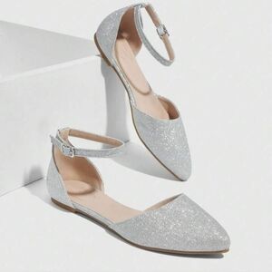 Silver Glitter Pointed Toe Ankle Strap Flats